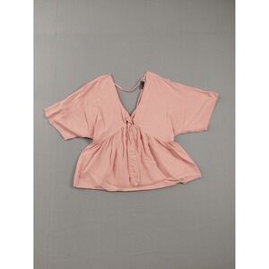 Asos Women Top 6 Peach‎ V Neck Tie Front Short Kimono Sleeve Pleated Logo Casual